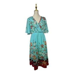 Superfoxx Women's Floral Midi Dress Blue Multicolor Boho Wrap Style‎ Size S